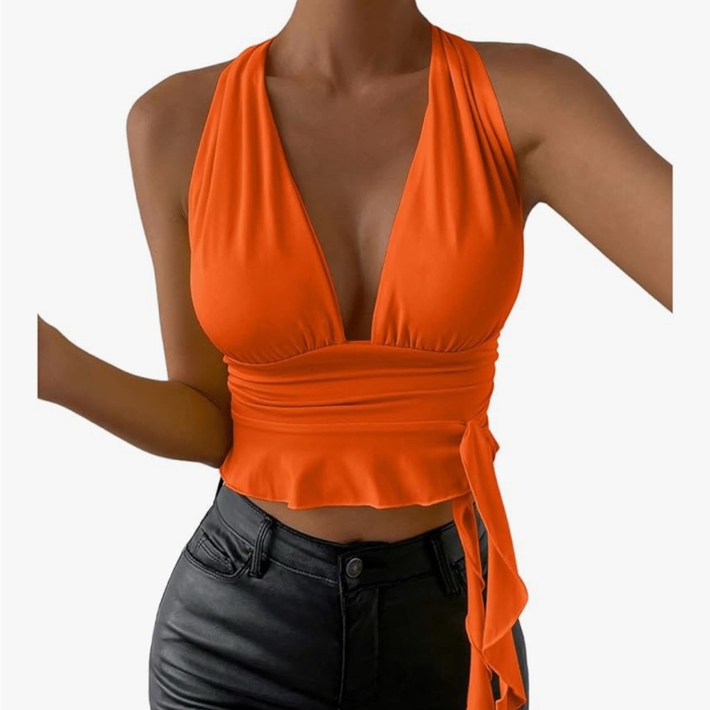 New deep v-neck pull-on halter top. Bright orange. Medium. - Picture 2 of 7